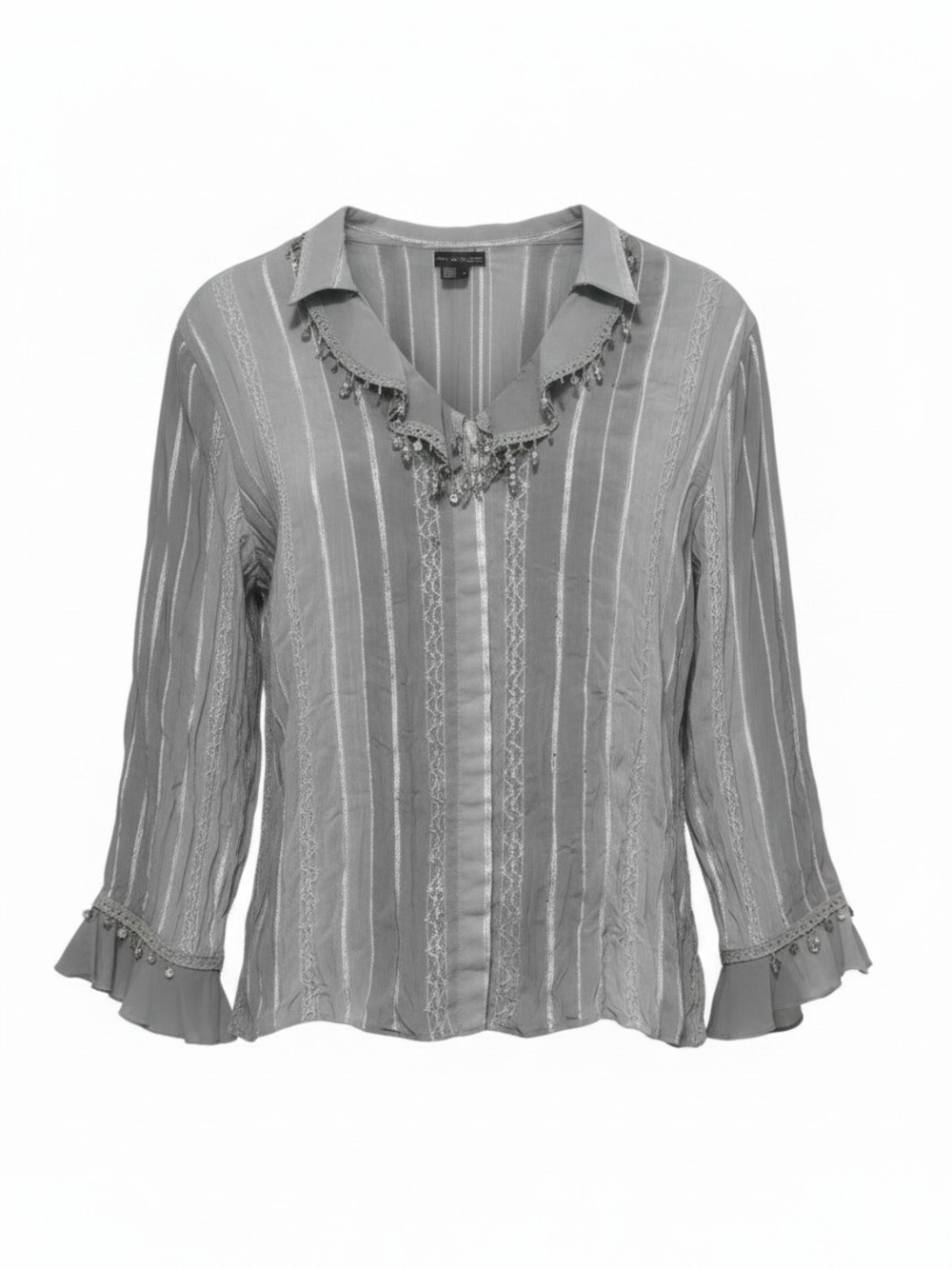 Piano Gray Semi- Sheer Striped Embellished Ruffle Blouse Size Large
